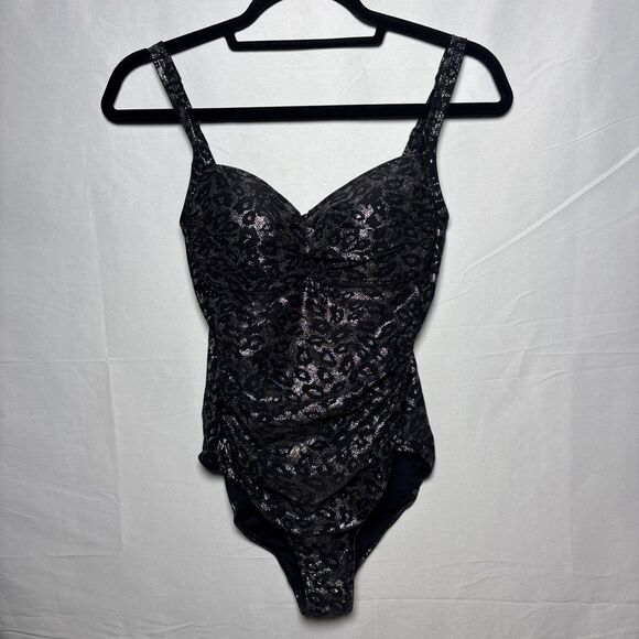Nip Tuck 1pc Silver & Black leopard print Ruched Multifit Cup Swimsuit Sz 6 - Picture 3 of 9